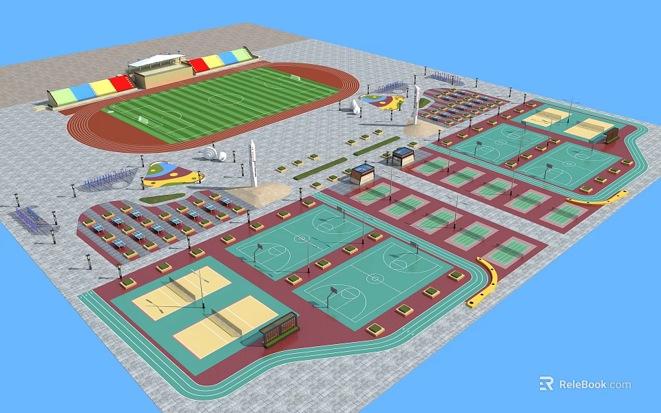 Multi Functional Outdoor Sports Complex Featuring Track And Field Stadium Football Field Basketball Courts 3d model 