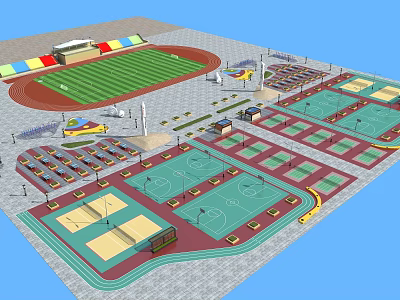 Multi Functional Outdoor Sports Complex Featuring Track And Field Stadium Football Field Basketball Courts 3d model