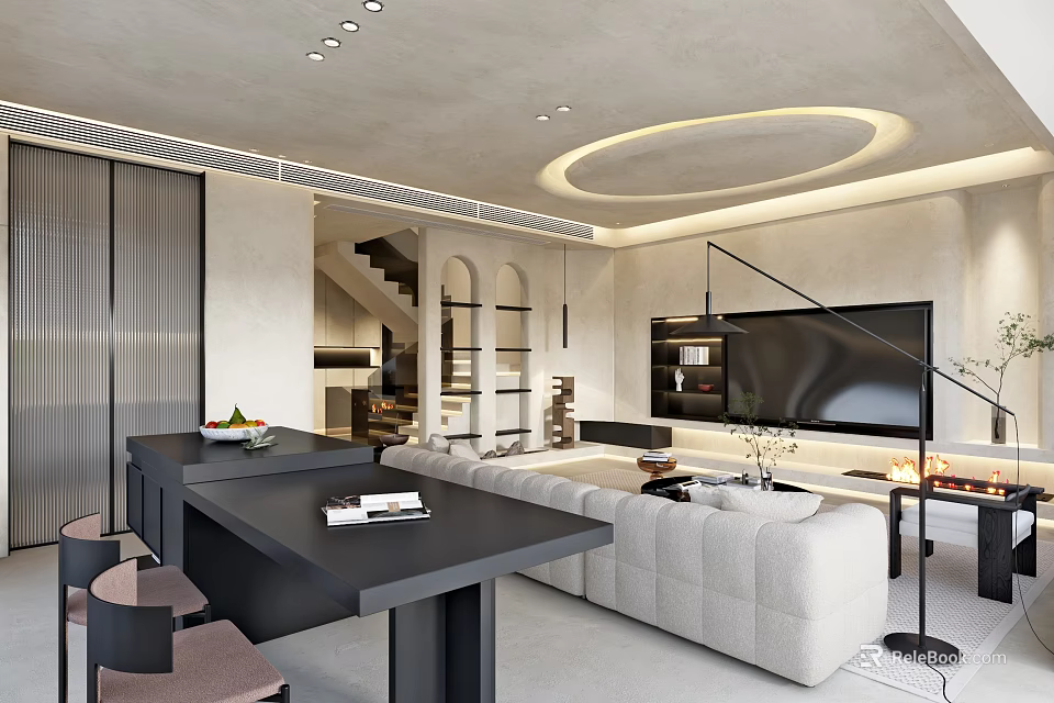 Modern Living Dining Area Interior With White Sofa Black Table And Ceiling Lighting 3d model 