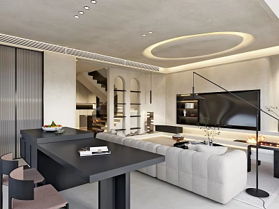 Modern Living Dining Area Interior With White Sofa Black Table And Ceiling Lighting 3d model