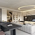 Modern Living Dining Area Interior With White Sofa Black Table And Ceiling Lighting