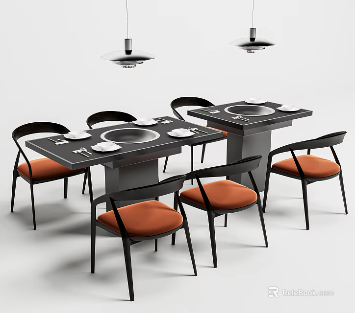 Modern Black Dining Table Set With Circular Elements Orange Cushioned Chairs And Hanging Lights 3d model 