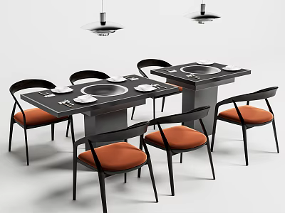 Modern Black Dining Table Set With Circular Elements Orange Cushioned Chairs And Hanging Lights 3d model