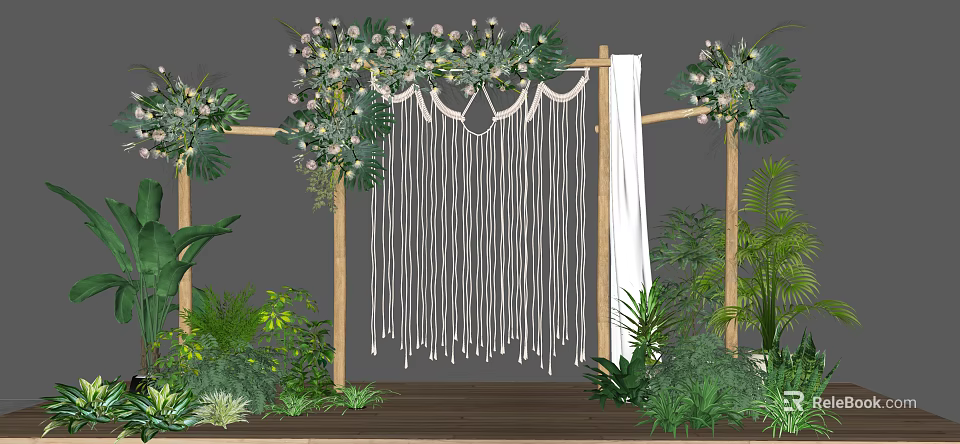 Elegant Floral Installation For Wedding With Wooden Frame Macramé Tassels White Drapes And Green Foliage 3d model 