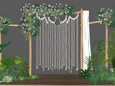 Elegant Floral Installation For Wedding With Wooden Frame Macramé Tassels White Drapes And Green Foliage 3d model