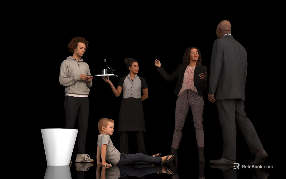 Group of People with Waitress Young Man Holding Tray and Child Sitting Near White Bucket 3d model 
