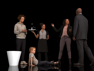Group of People with Waitress Young Man Holding Tray and Child Sitting Near White Bucket 3d model