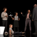 Group of People with Waitress Young Man Holding Tray and Child Sitting Near White Bucket
