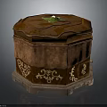 Brown Decorative Storage Box With Intricate Gold Patterns And Green Leaf Decoration On Top