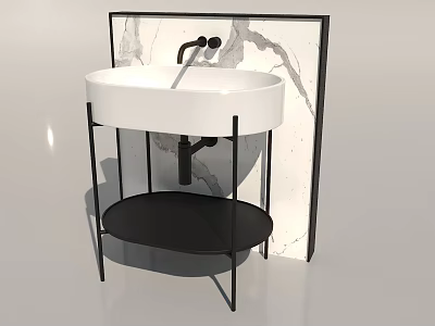 Modern White Washbasin With Black Metal Stand Round Shelf And Marble Backdrop 3d model