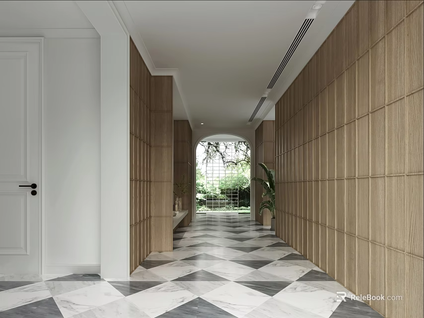 Modern Foyer Hallway With Wooden Panels Geometric Marble Floor And Arched Window 3d model 