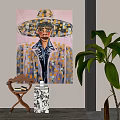 Portrait Painting Of Person In Blue Shirt With Yellow Dots And Dollar Signs On Coat