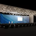 Modern Conference Room Interior With Blue Backdrop White Projection Screen Ceiling Lights And Black Seats