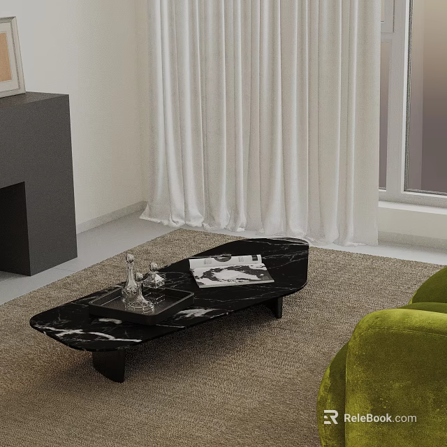 Modern Sofa and Coffee Table Set Featuring Green Sofa Black Marble Table and White Curtains 3d model 