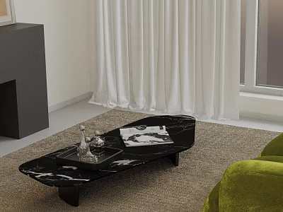 Modern Sofa and Coffee Table Set Featuring Green Sofa Black Marble Table and White Curtains 3d model
