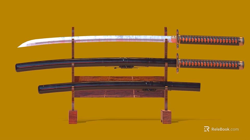 Traditional Japanese Katana Swords Displayed on Wooden Stand with Sheath and Sharp Blade 3d model 