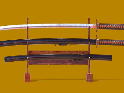Traditional Japanese Katana Swords Displayed on Wooden Stand with Sheath and Sharp Blade 3d model