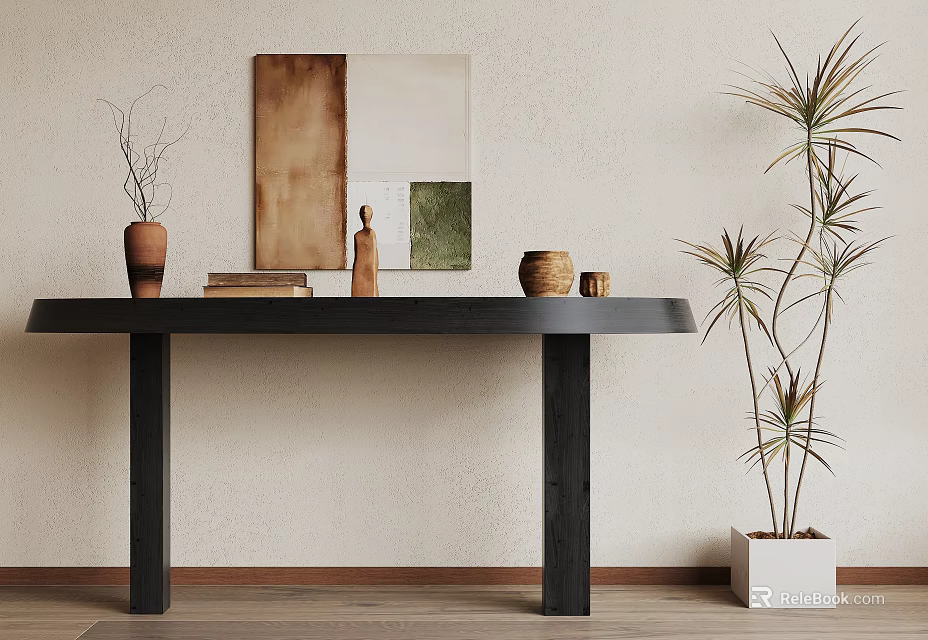 Modern Black Console Table With Clay Pot Books Sculpture And Decorative Painting Near Potted Plant 3d model 