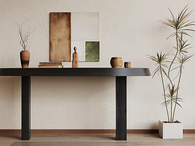 Modern Black Console Table With Clay Pot Books Sculpture And Decorative Painting Near Potted Plant 3d model