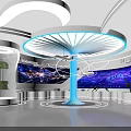 Contemporary Exhibition Booth Interior With White Curved Structure Blue Displays Shelves And Visitors