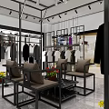 Modern Clothing Store Interior With Hangers Clothes Chairs Tables And Flowers