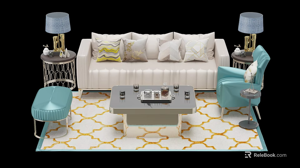 Light Sofa Coffee Table Set With Decorative Pillows Light Blue Chairs And Geometric Pattern Rug 3d model 