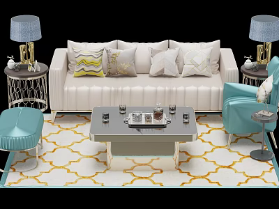 Light Sofa Coffee Table Set With Decorative Pillows Light Blue Chairs And Geometric Pattern Rug 3d model