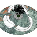 White Irregular Shaped Sofa on Round Colorful Leaf Pattern Rug with Small Plant in Center 3d model
