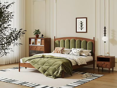 Double Bed With Green Quilt Wooden Headboard In Cozy Bedroom Framed Artwork Plant And Rug 3d model