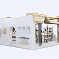 Modern Mall Retail Store Interior With Curved Structure Display Shelves And Green Plants