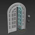 Dark Colored Swing Doors With Arched Top Glass Panes And Metal Handles