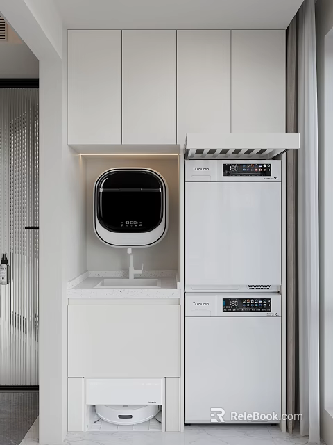 Home Balcony Laundry Space With White Cabinets Countertop Faucet And Stacked Appliances 3d model 