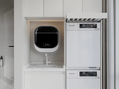 Home Balcony Laundry Space With White Cabinets Countertop Faucet And Stacked Appliances 3d model