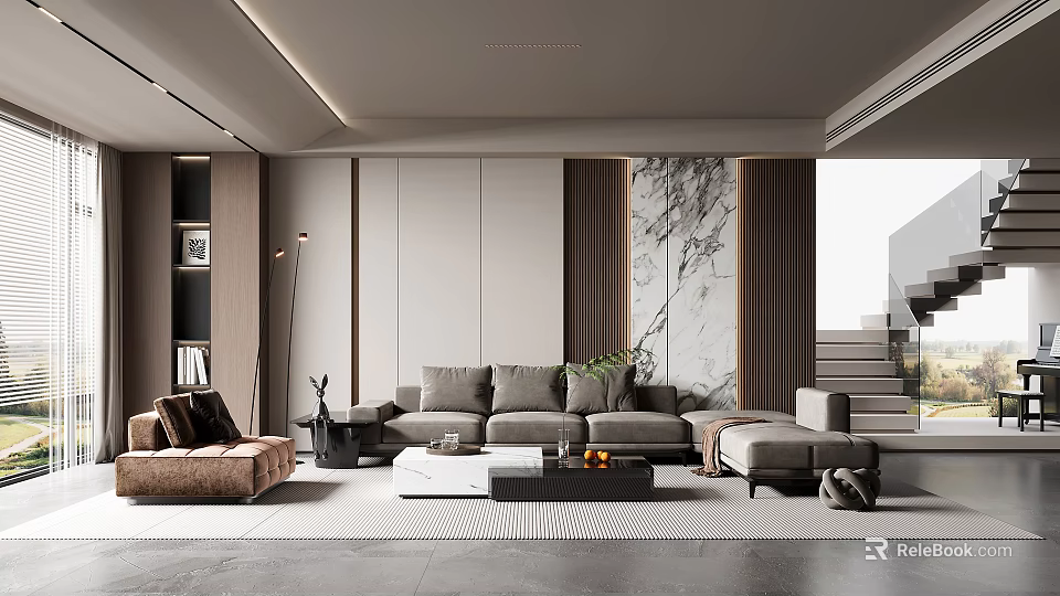 Modern Living Room Interior With Sofa Coffee Table Rug And Marble Wall Decor 3d model 