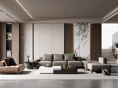 Modern Living Room Interior With Sofa Coffee Table Rug And Marble Wall Decor 3d model