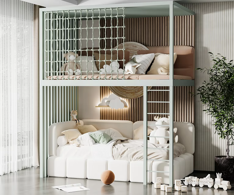 Modern Cozy Bunk Bed with Grid Guardrail Ladder Lower Bed Pillows Striped Wall and Plant 3d model 
