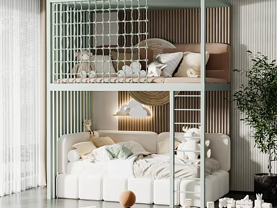 Modern Cozy Bunk Bed with Grid Guardrail Ladder Lower Bed Pillows Striped Wall and Plant 3d model