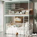 Modern Cozy Bunk Bed with Grid Guardrail Ladder Lower Bed Pillows Striped Wall and Plant