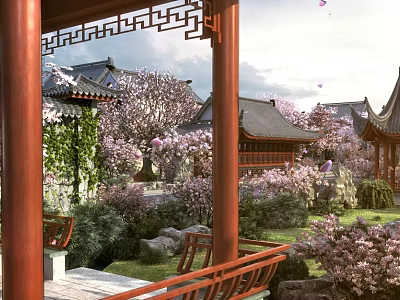 Ancient Chinese Architecture Courtyard With Red Columns Carved Windows And Blossoming Trees 3d model