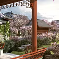 Ancient Chinese Architecture Courtyard With Red Columns Carved Windows And Blossoming Trees
