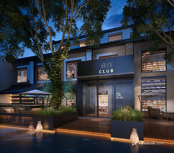 Night View Of Club Building Surrounded By Trees And Greenery With Outdoor Lighting 3d model 