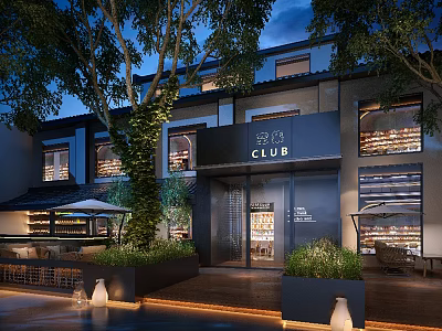 Night View Of Club Building Surrounded By Trees And Greenery With Outdoor Lighting 3d model