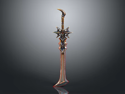 Ornate Metallic Sword With Spiked Hilt And Intricate Decorative Details 3d model