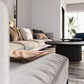 Modern Living And Dining Room Interior With Sofa Pillows Coffee Table Plant And Window Blinds
