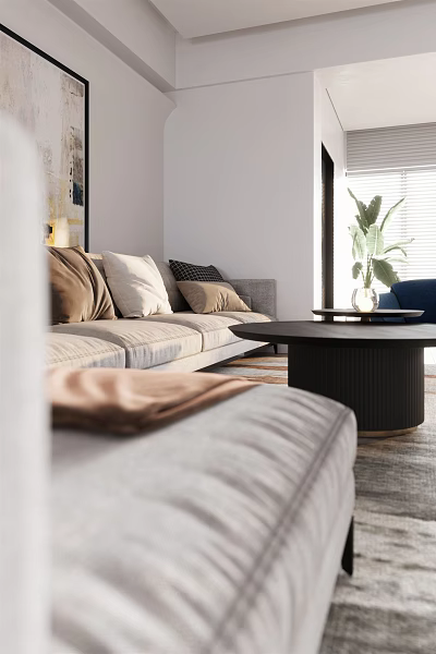 Modern Living And Dining Room Interior With Sofa Pillows Coffee Table Plant And Window Blinds 3d model