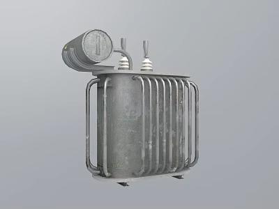 Industrial Power Transformer With Metal Casing Cooling Fins And Porcelain Insulators 3d model
