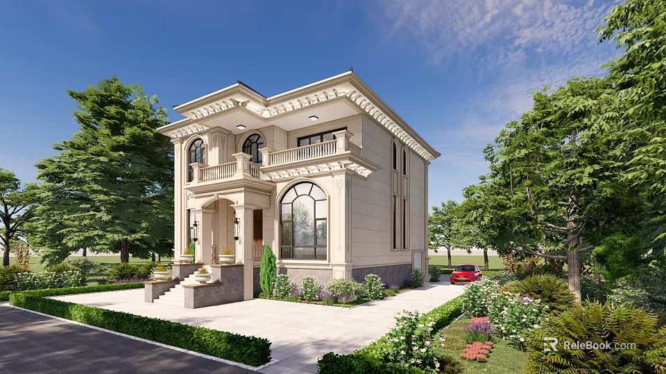 European Style Two Story Detached Villa With Beige Exterior Arched Windows And Landscaped Garden 3d model 