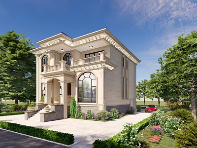 European Style Two Story Detached Villa With Beige Exterior Arched Windows And Landscaped Garden 3d model