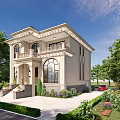 European Style Two Story Detached Villa With Beige Exterior Arched Windows And Landscaped Garden