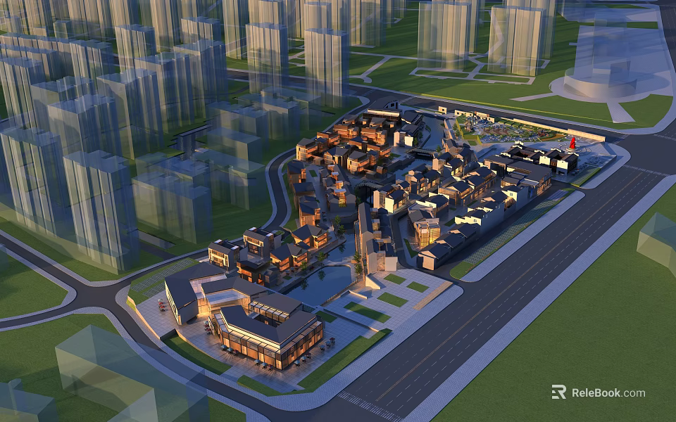 Birds Eye View Planning Of Urban Mixed Buildings With Traditional Modern Layout And Green Spaces 3d model 